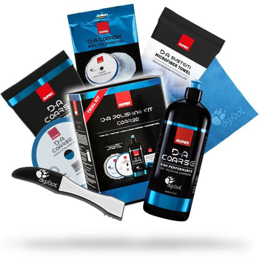 RUPES D-A Polishing Kit Coarse: Politur 1L + Polierschwamm Hart 130/150mm + Wolle-Polierpad + Poliertuch Blau + Schwammentferner