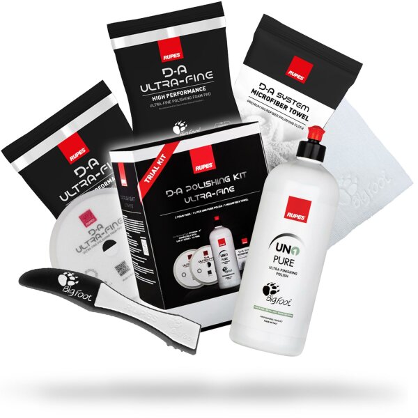 RUPES D-A Polishing Kit Ultra-Fine: UNO PURE Politur 1L + 2x Polierschwamm Ultra-Fein 130/150mm + Poliertuch Weiß + Schwammentferner