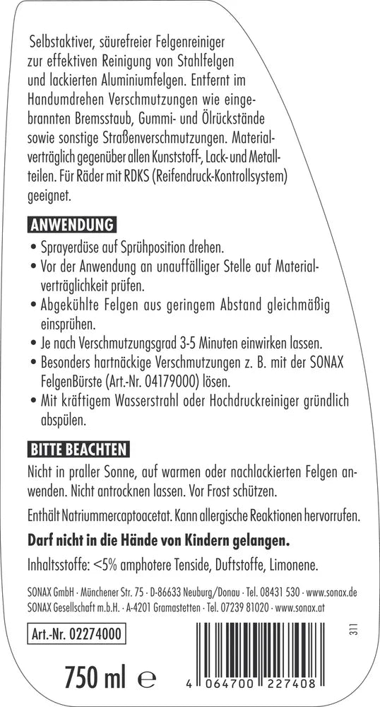 SONAX FelgenStar - Kraftvoller Felgenreiniger zur Reinigung von Stahlfelgen und lackierten Aluminiumfelgen. 750ml Sprühflasche