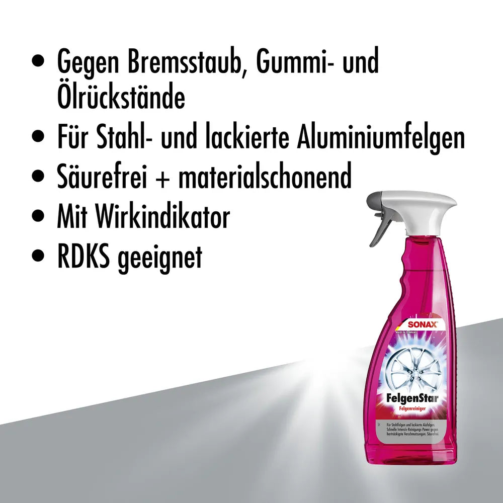 SONAX FelgenStar - Kraftvoller Felgenreiniger zur Reinigung von Stahlfelgen und lackierten Aluminiumfelgen. 750ml Sprühflasche